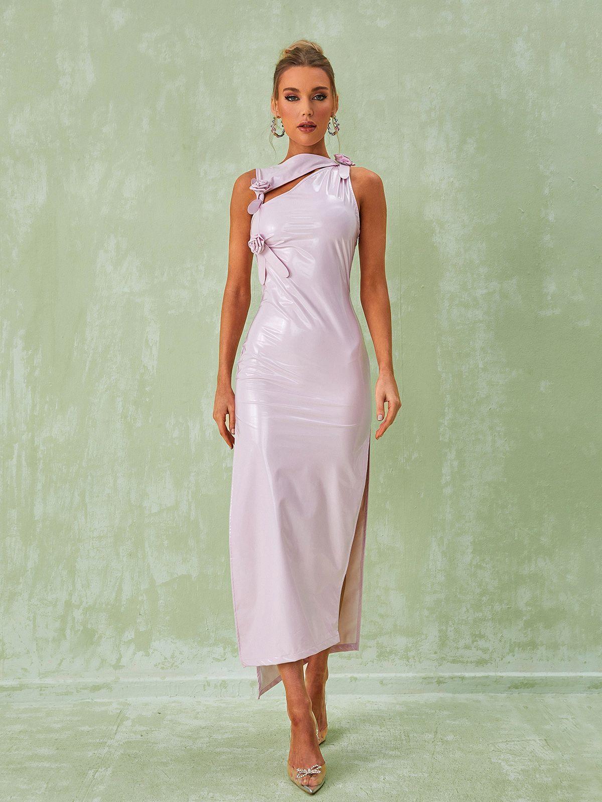 Mock Neck Long Sleeve Waist Cutout High Slit Fitted Maxi Dress 2