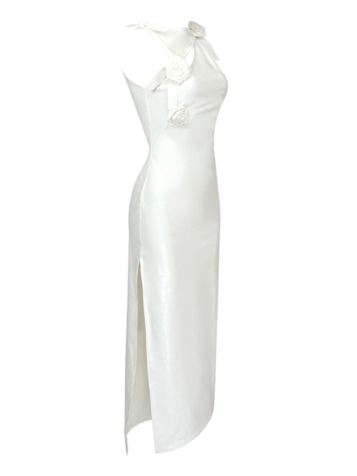 Strapless Rosette Applique Faux Leather Ruched Side Slit Midi Dress 8