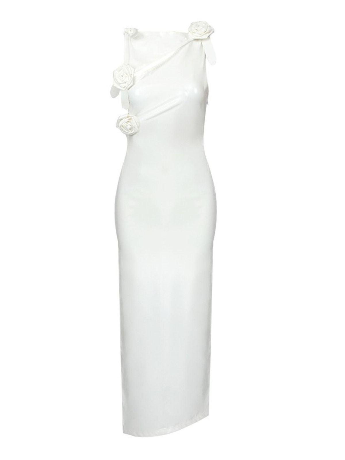 Strapless Rosette Applique Faux Leather Ruched Side Slit Midi Dress 7