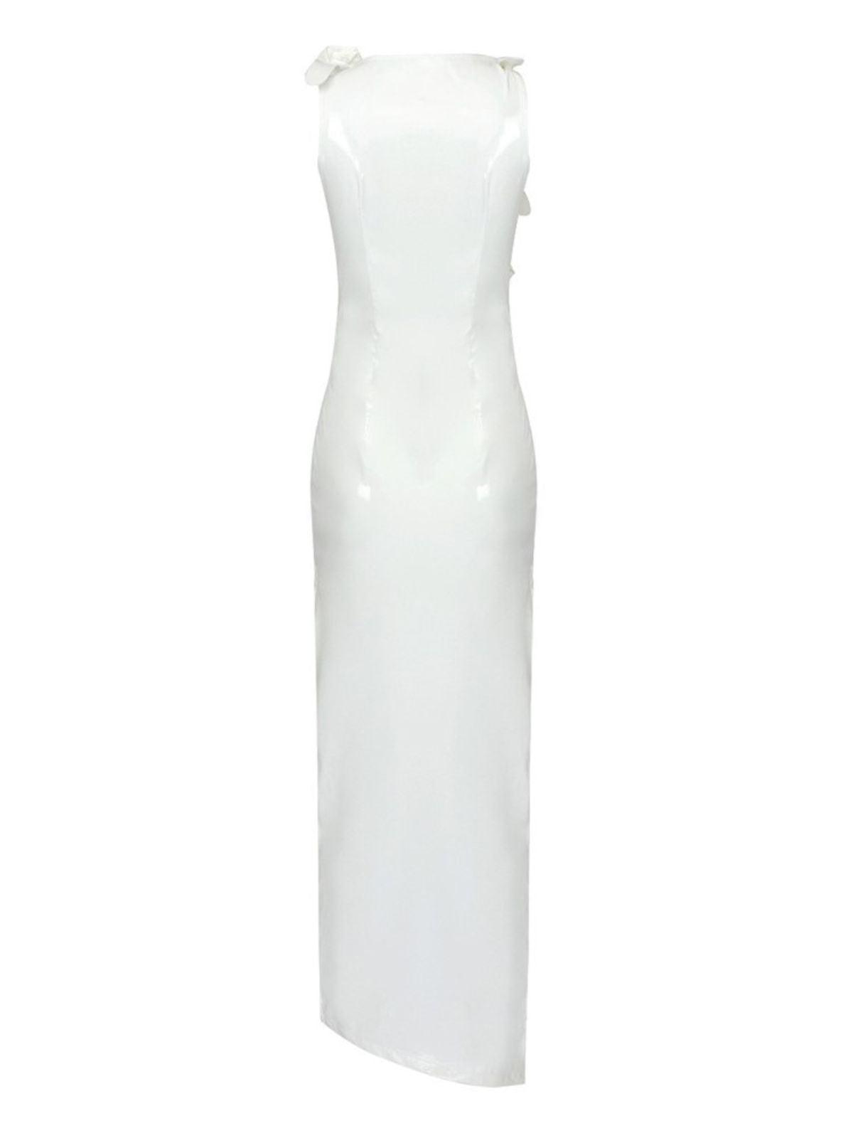 Strapless Rosette Applique Faux Leather Ruched Side Slit Midi Dress 9