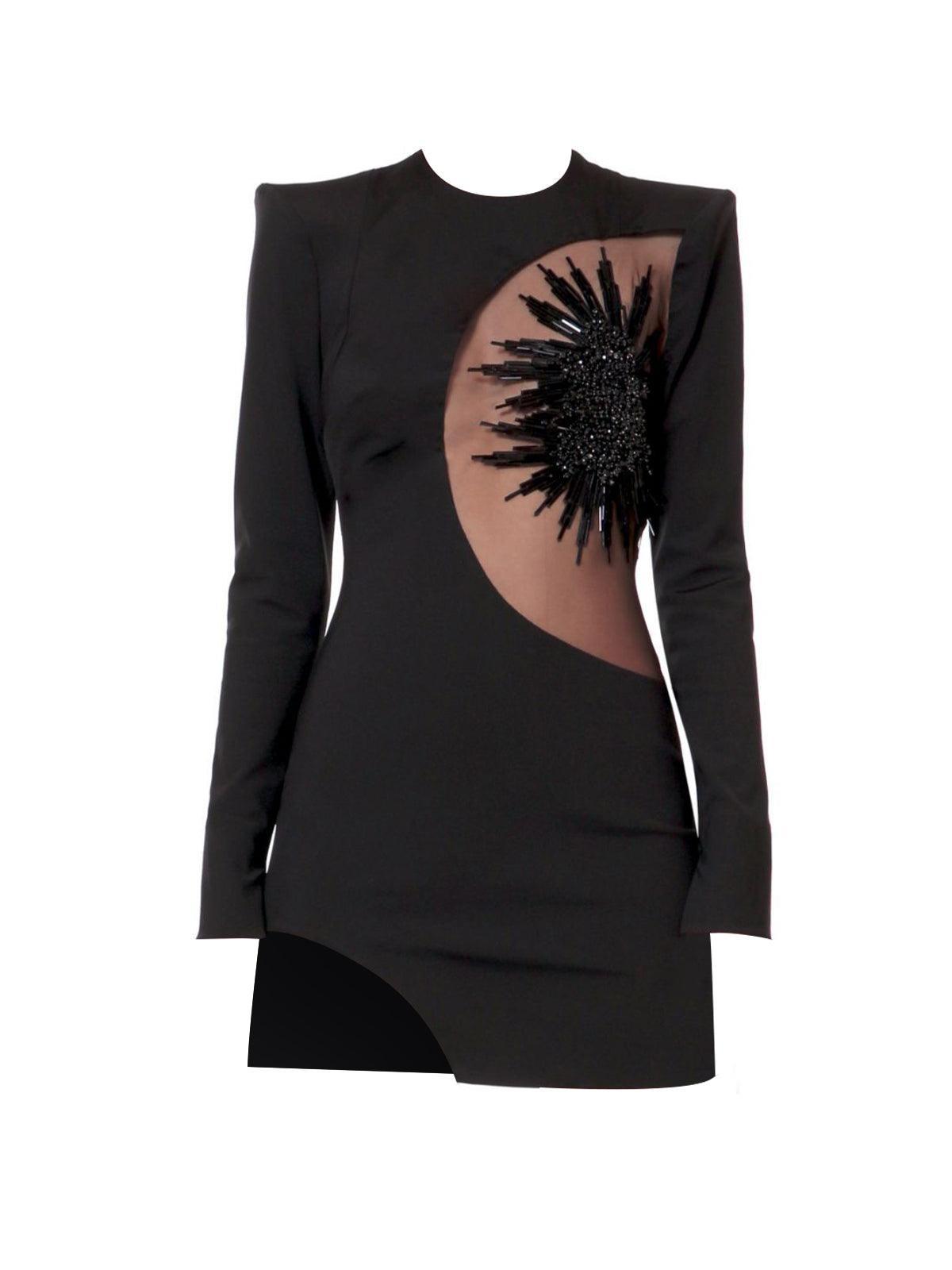 Long Sleeve Crew Neck Asymmetric Cutout Sequin Sunburst Mini Dress 6