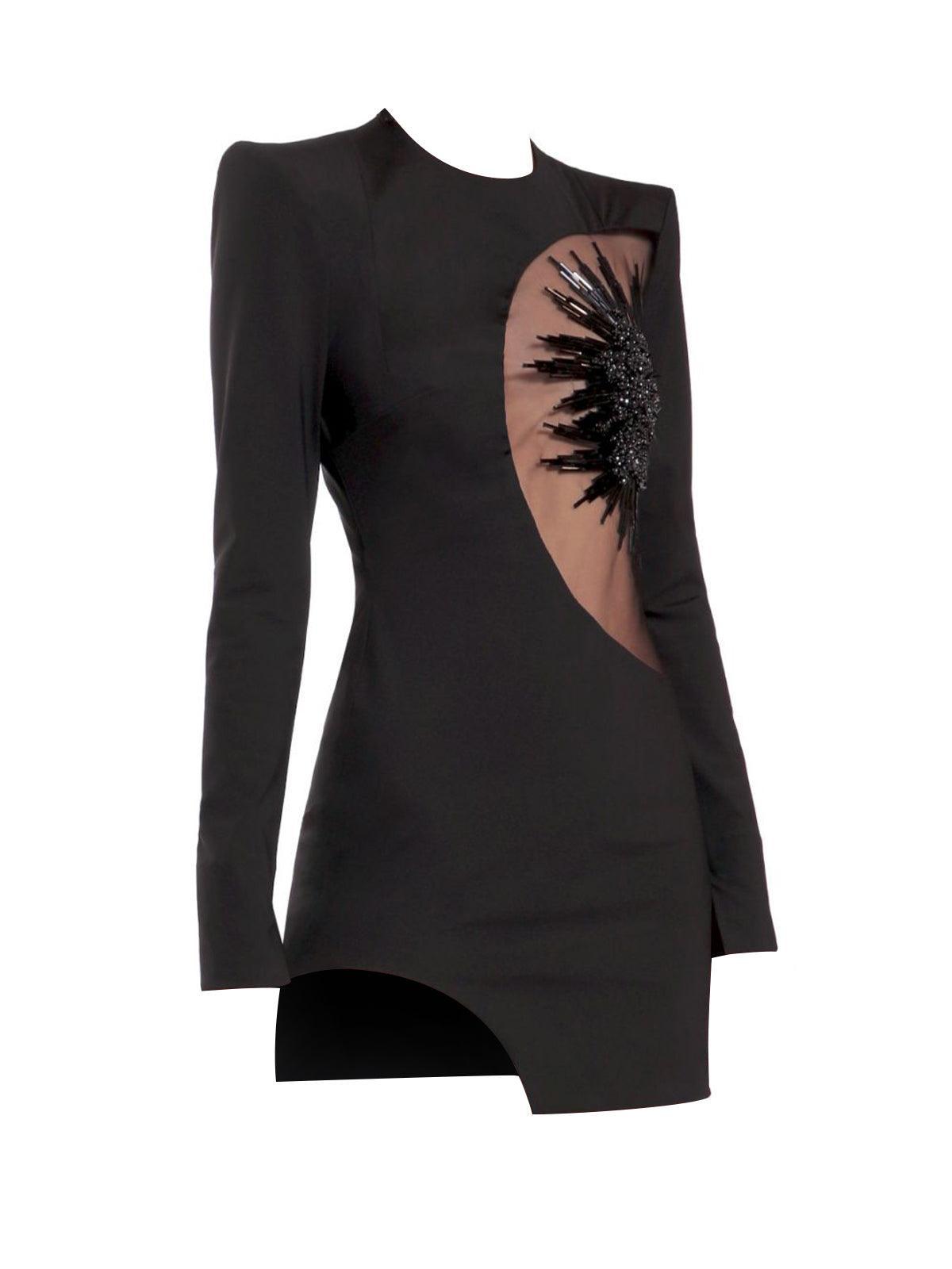 Long Sleeve Crew Neck Asymmetric Cutout Sequin Sunburst Mini Dress 8
