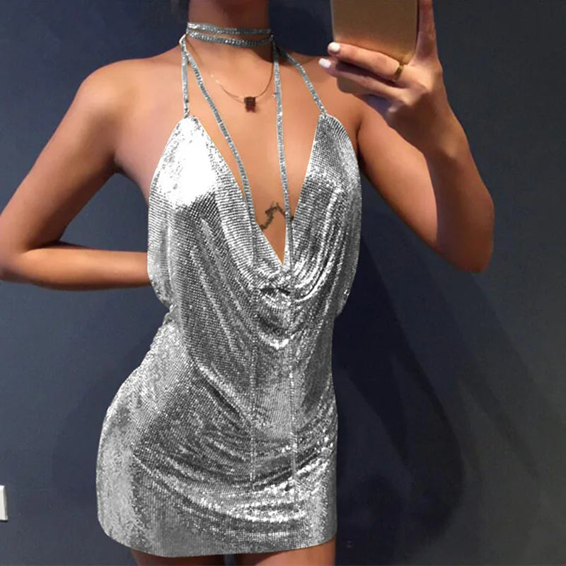 Sequin Mesh Halter Cowl Neck Backless Bodycon Mini Mini Dress