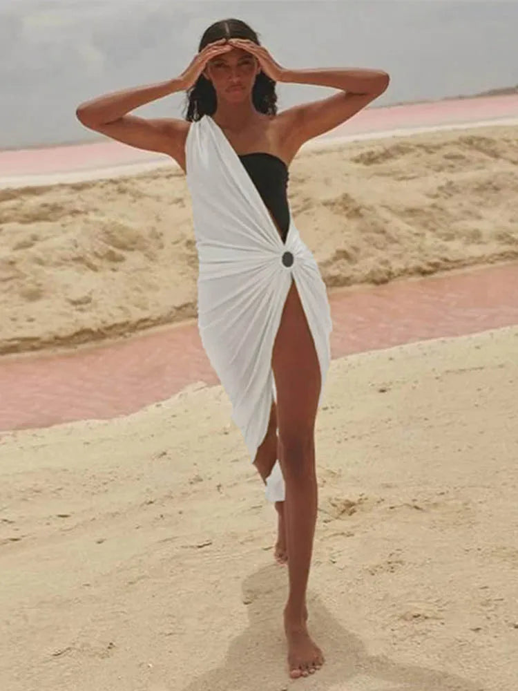 One Shoulder Side Cutout Ruched Hip Ring Thigh Slit Maxi Dress 5