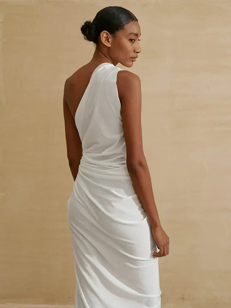 One Shoulder Side Cutout Ruched Hip Ring Thigh Slit Maxi Dress 6