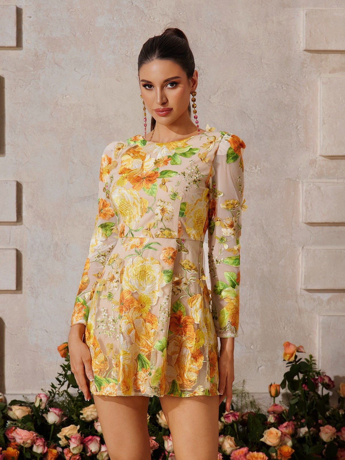 3D Floral Applique Puff Sleeve Round Neck Fit and Flare Mini Dress 2