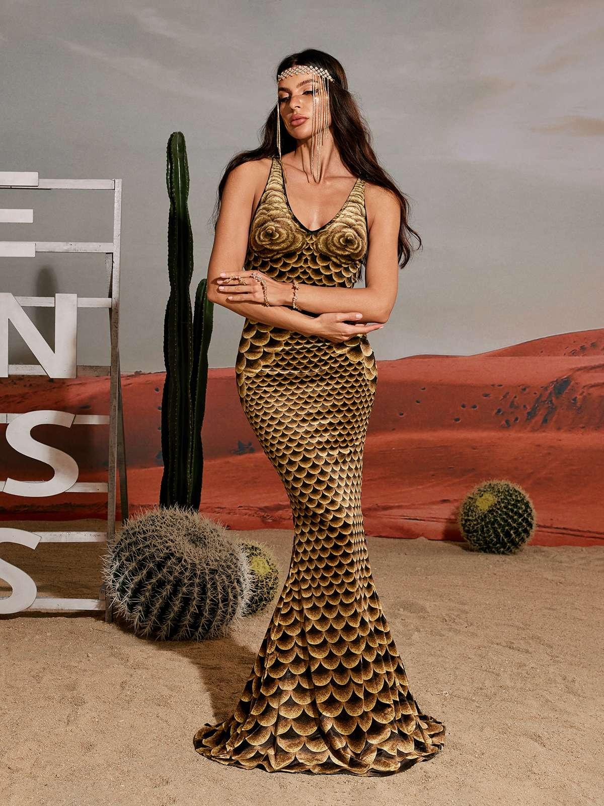 Deep V Scallop Print Mermaid Maxi Gown