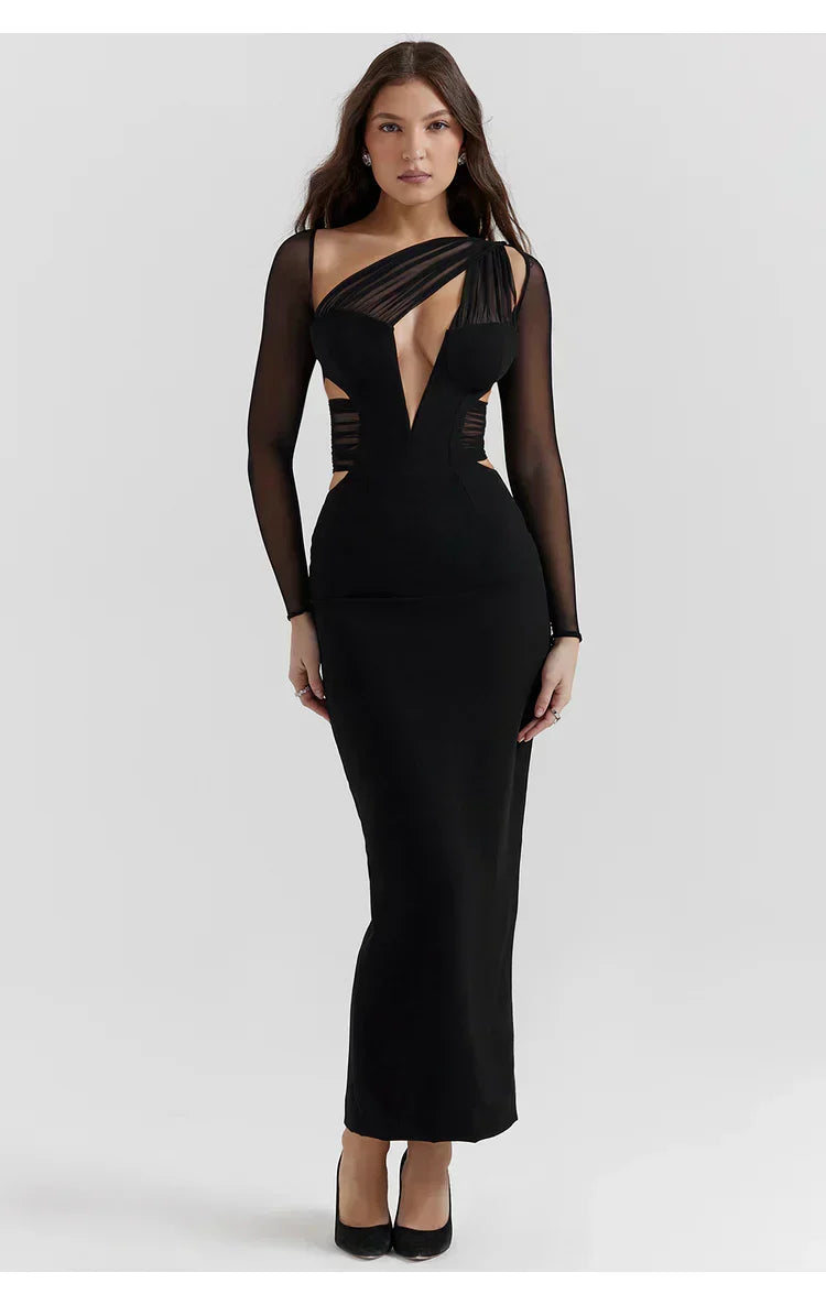 Long Sleeve Deep V-Neck Asymmetrical Mesh Cutout Waist Column Maxi Dress