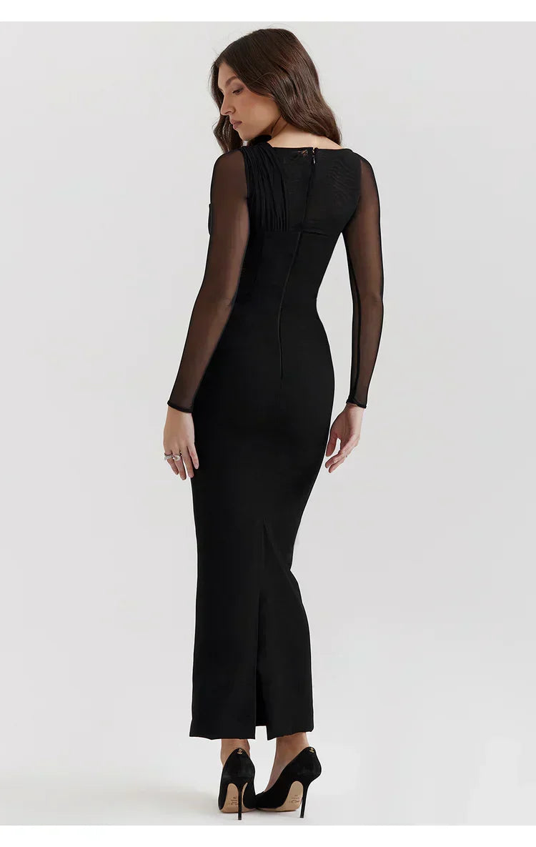 Long Sleeve Deep V-Neck Asymmetrical Mesh Cutout Waist Column Maxi Dress 3