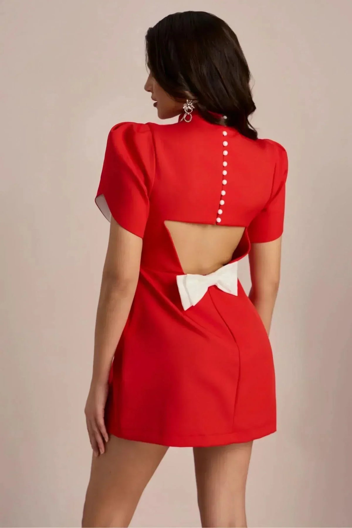 Mock Neck Petal Sleeve Princess Seam Waist Tulip Hem Mini Dress 3