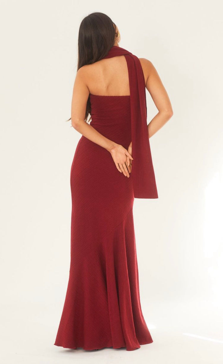 Strapless Ribbed Texture Trumpet Mermaid Matching Scarf Maxi Gown 4