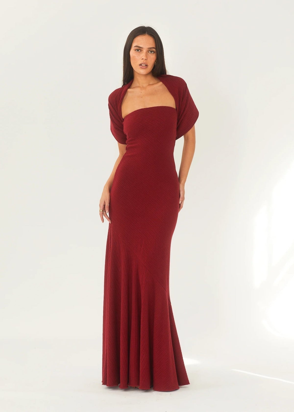 Strapless Ribbed Texture Trumpet Mermaid Matching Scarf Maxi Gown 3