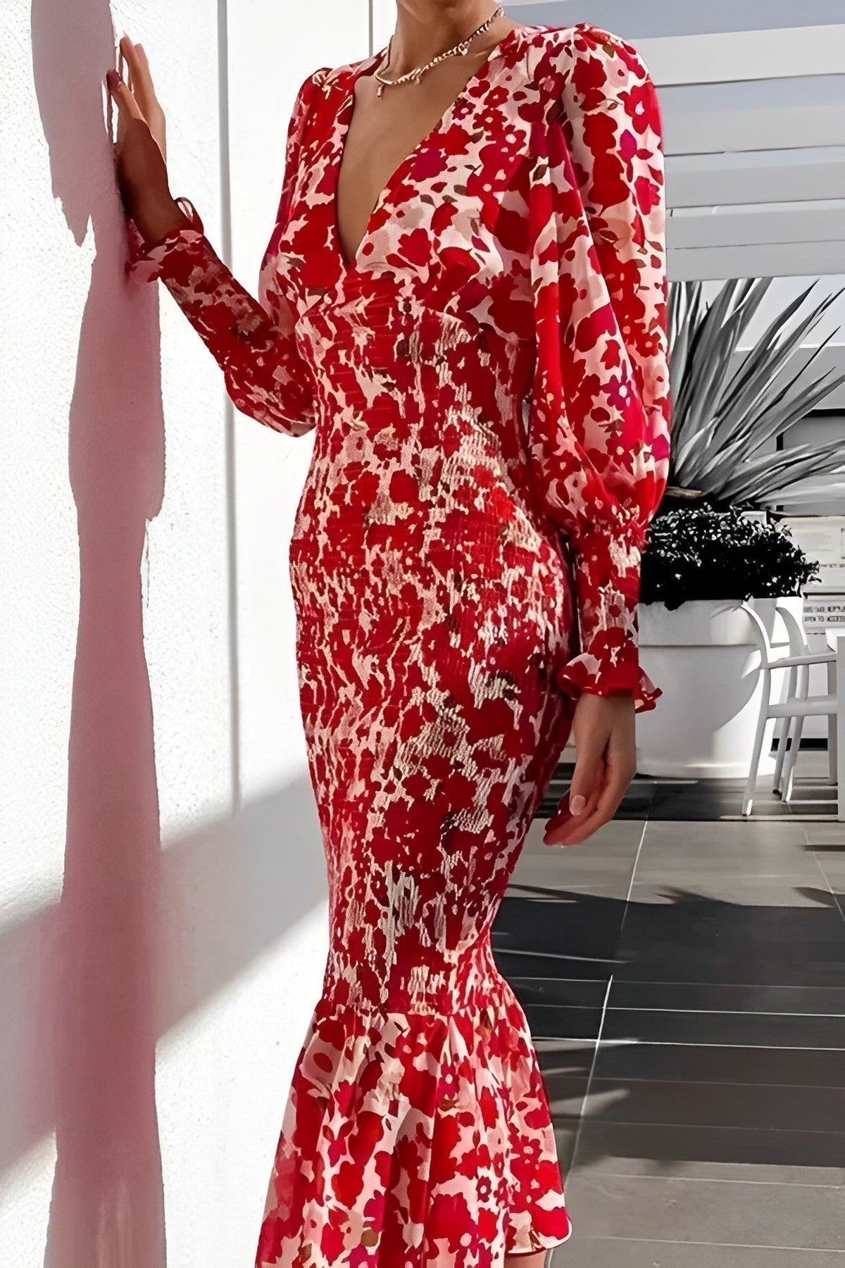 Deep V Neck Puff Sleeve Smocked Shirred Ruffle Midi Dress 5