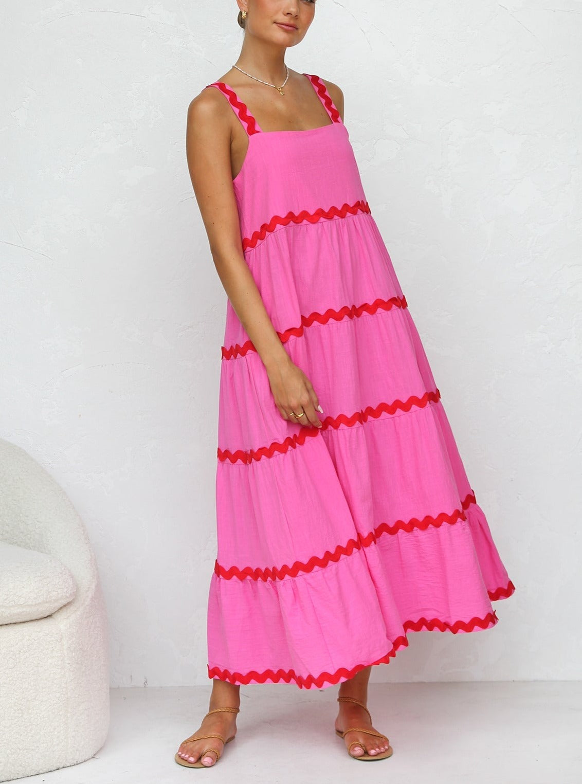 Square Neck Wide Strap Tiered Ric Rac Trim Midi Dress 4