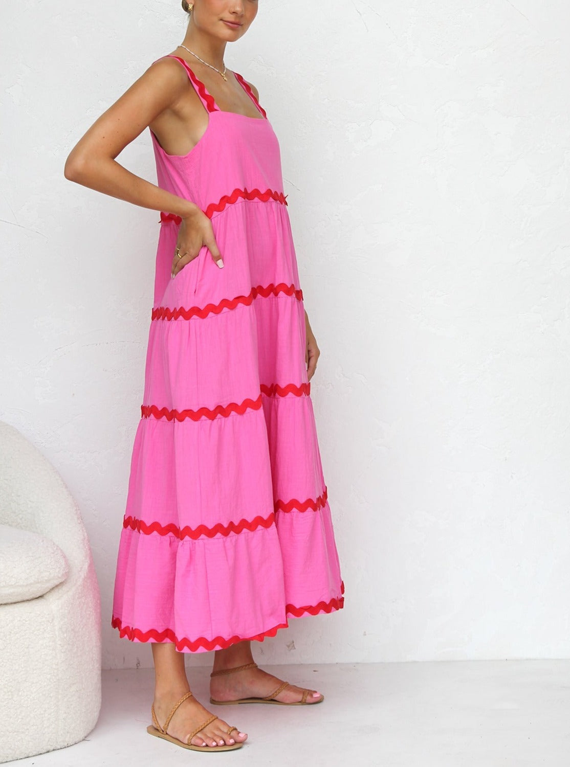 Square Neck Wide Strap Tiered Ric Rac Trim Midi Dress 3