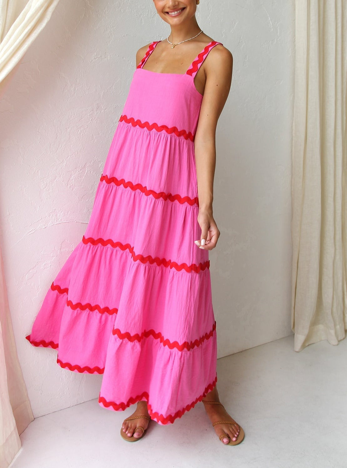 Square Neck Wide Strap Tiered Ric Rac Trim Midi Dress 2