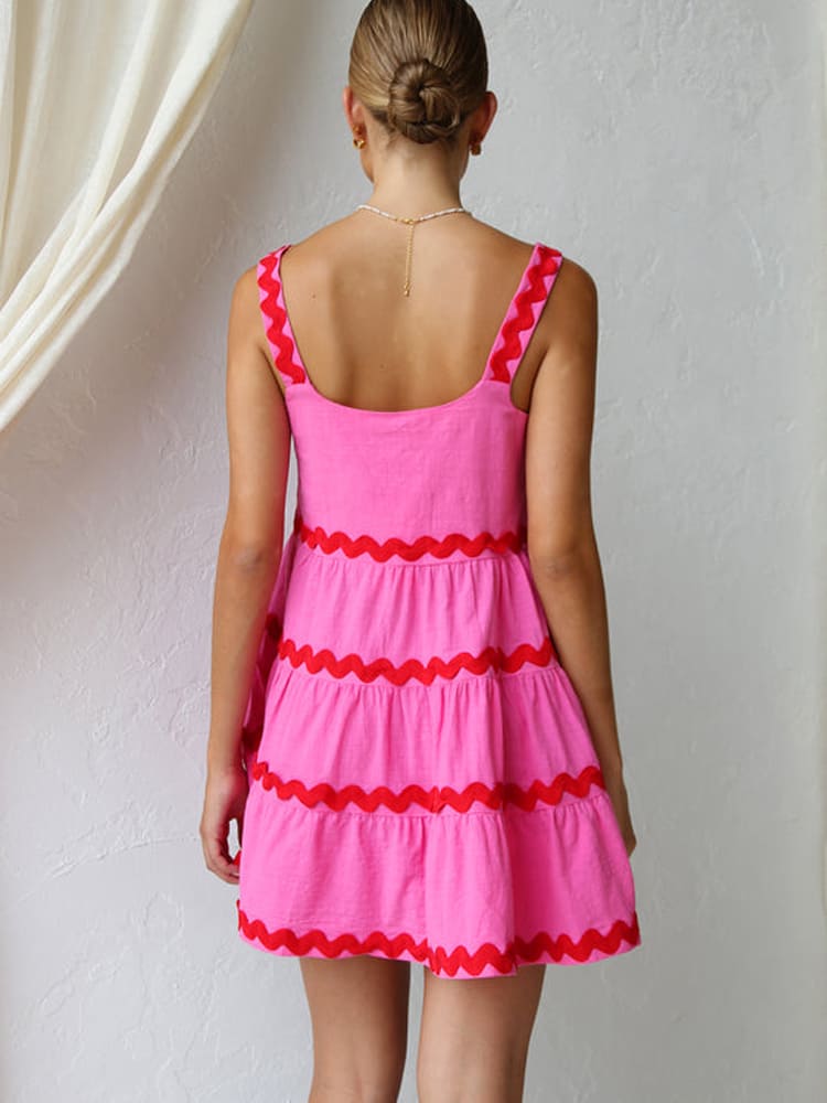 Square Neck Tiered Ric Rac Trim A-Line Babydoll Mini Dress 2