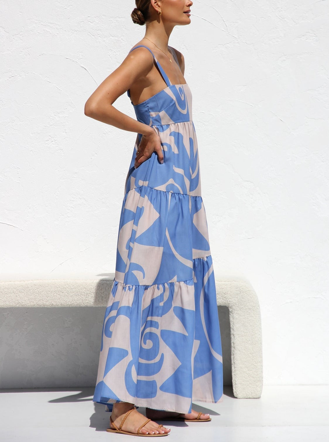 Abstract Print Square Neck Tiered Wide Strap Maxi Dress 5
