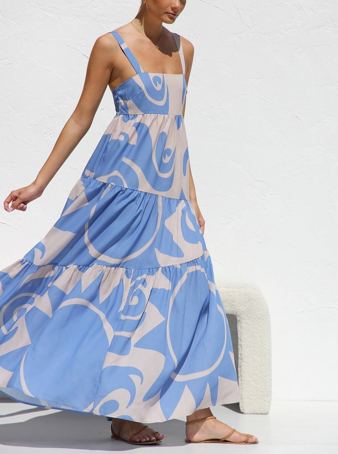 Abstract Print Square Neck Tiered Wide Strap Maxi Dress 3