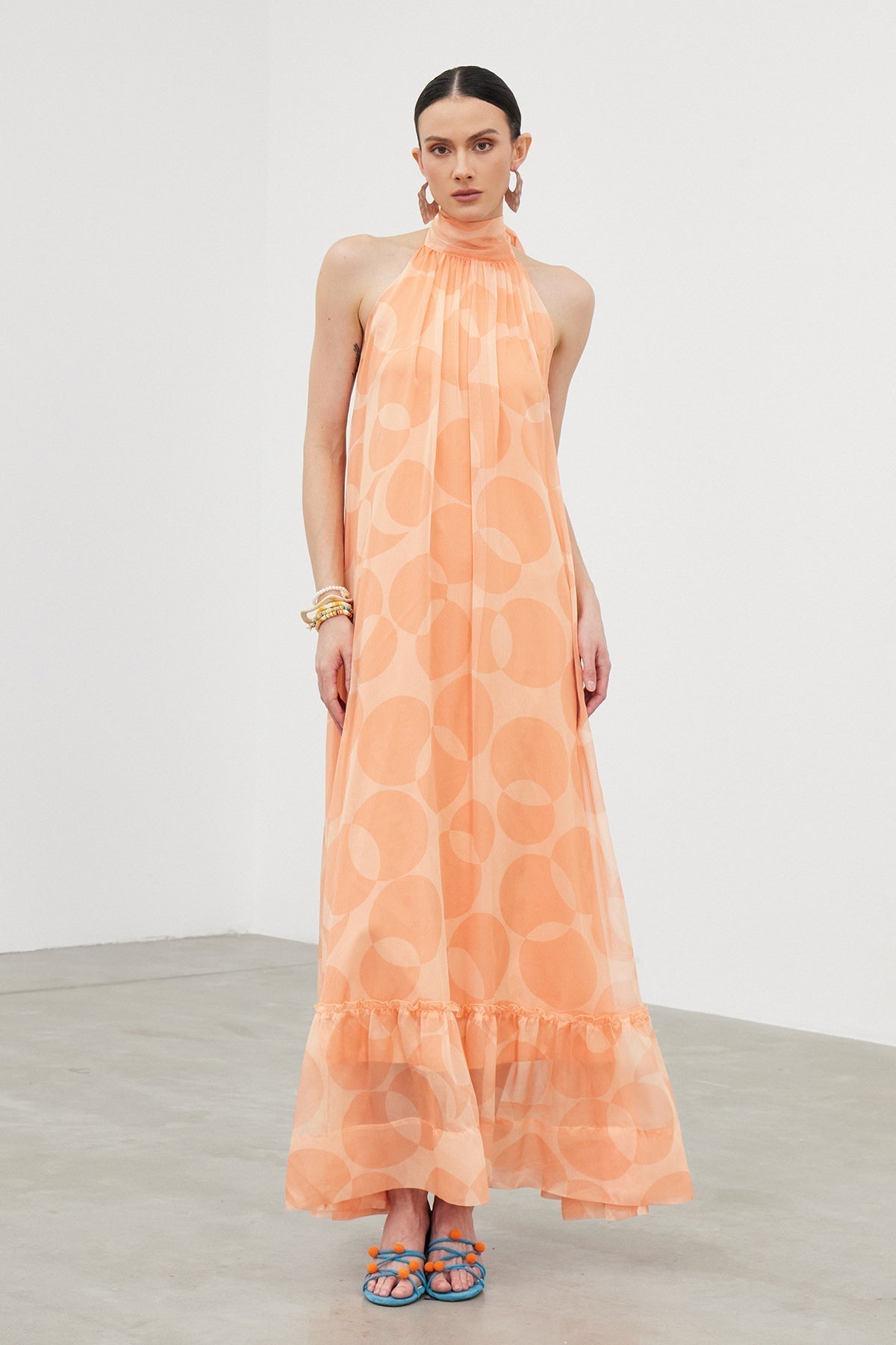Halter Neck Ruffle Column Maxi Gown