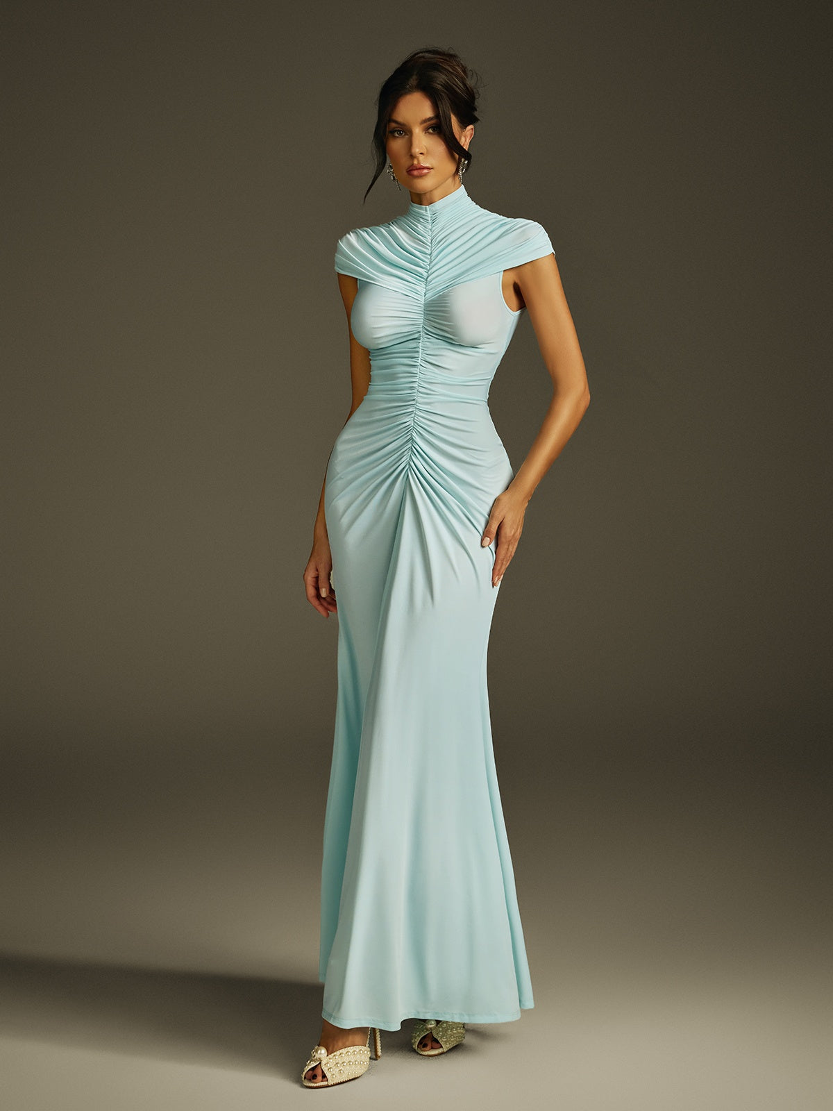 Mock Neck Cap Sleeve Vertical Front Ruched Sunburst Column Maxi Gown