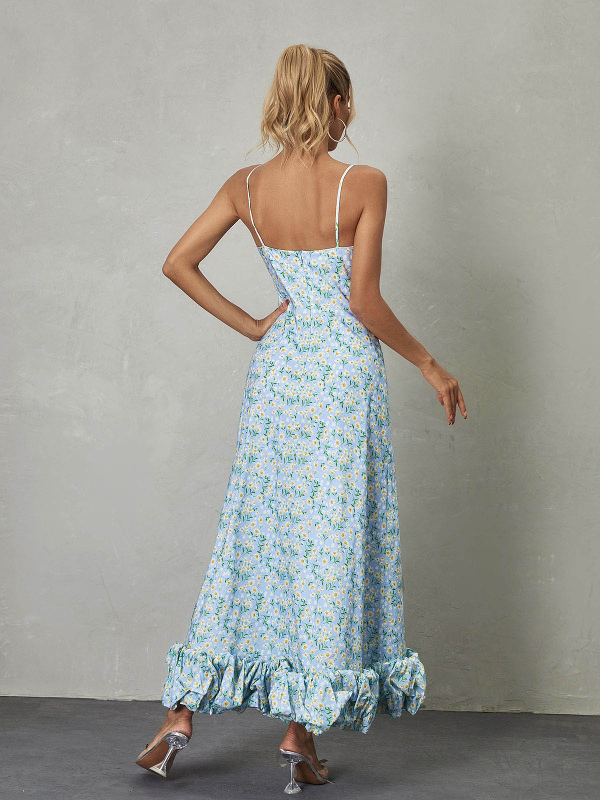 Scoop Neck Spaghetti Strap Daisy Print Ruffle Hem Maxi Dress 5