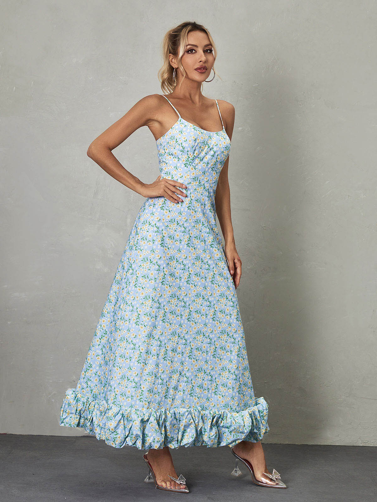 Scoop Neck Spaghetti Strap Daisy Print Ruffle Hem Maxi Dress 3