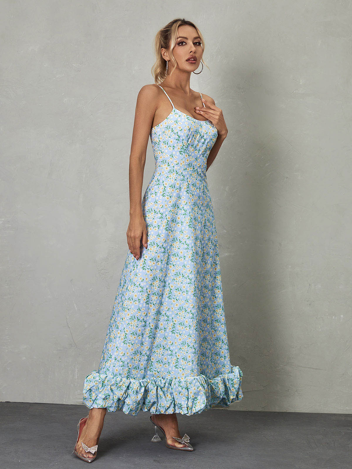 Scoop Neck Spaghetti Strap Daisy Print Ruffle Hem Maxi Dress 4