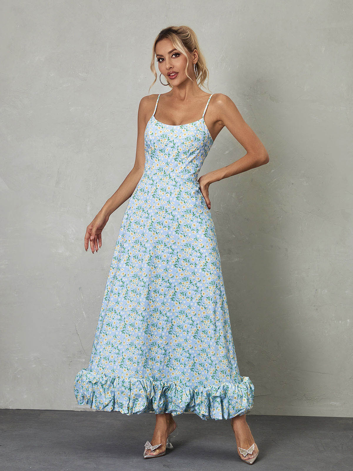 Scoop Neck Spaghetti Strap Daisy Print Ruffle Hem Maxi Dress 2
