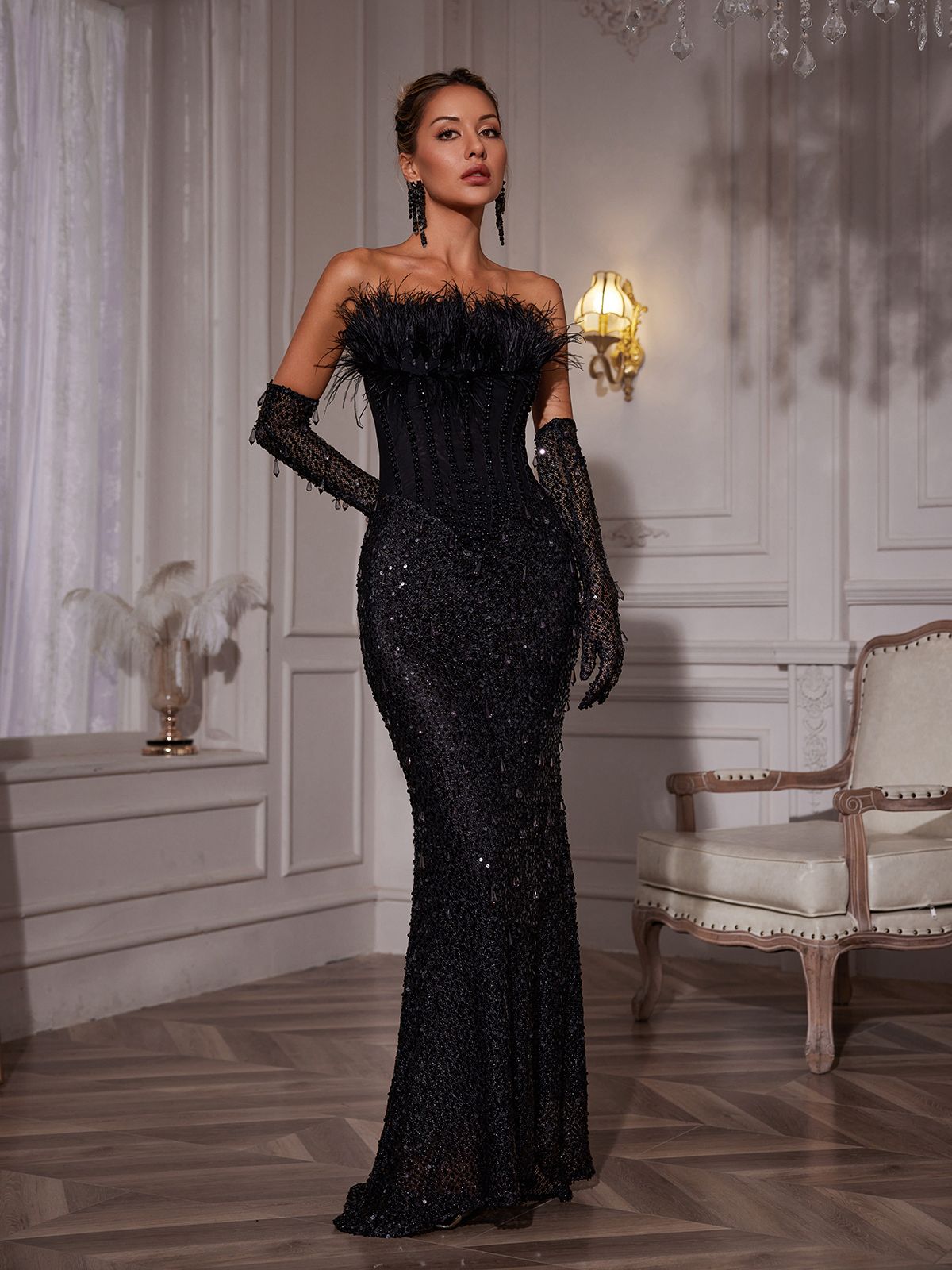 Strapless Feather Trim Corset Bodice Sequin Column Gown with Opera Gloves 3