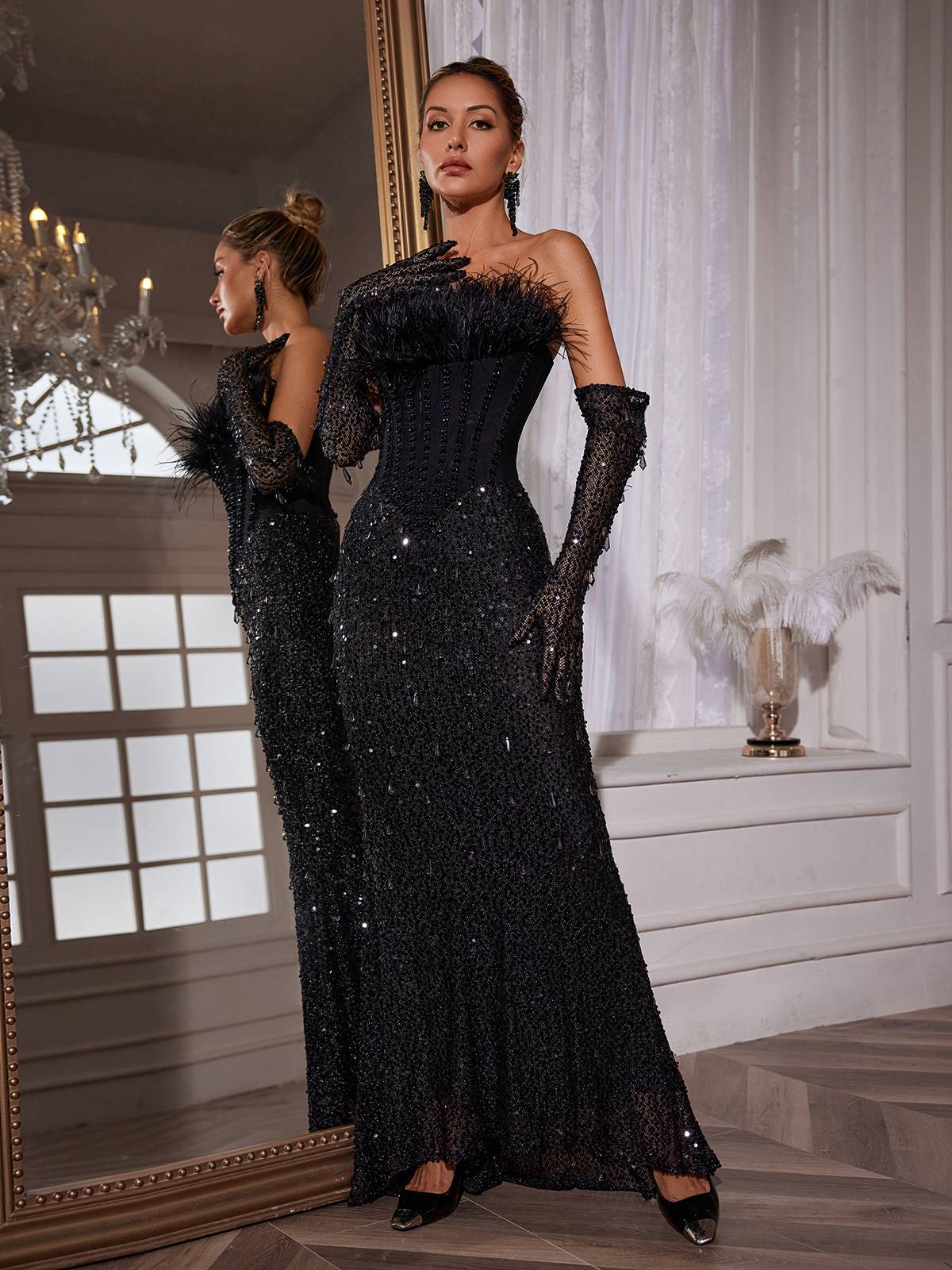 Strapless Feather Trim Corset Bodice Sequin Column Gown with Opera Gloves 4