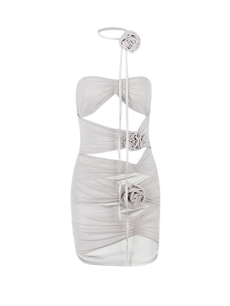 Strapless Bandeau Bust Cutout Rosette Applique Ruched Mesh Mini Dress 6