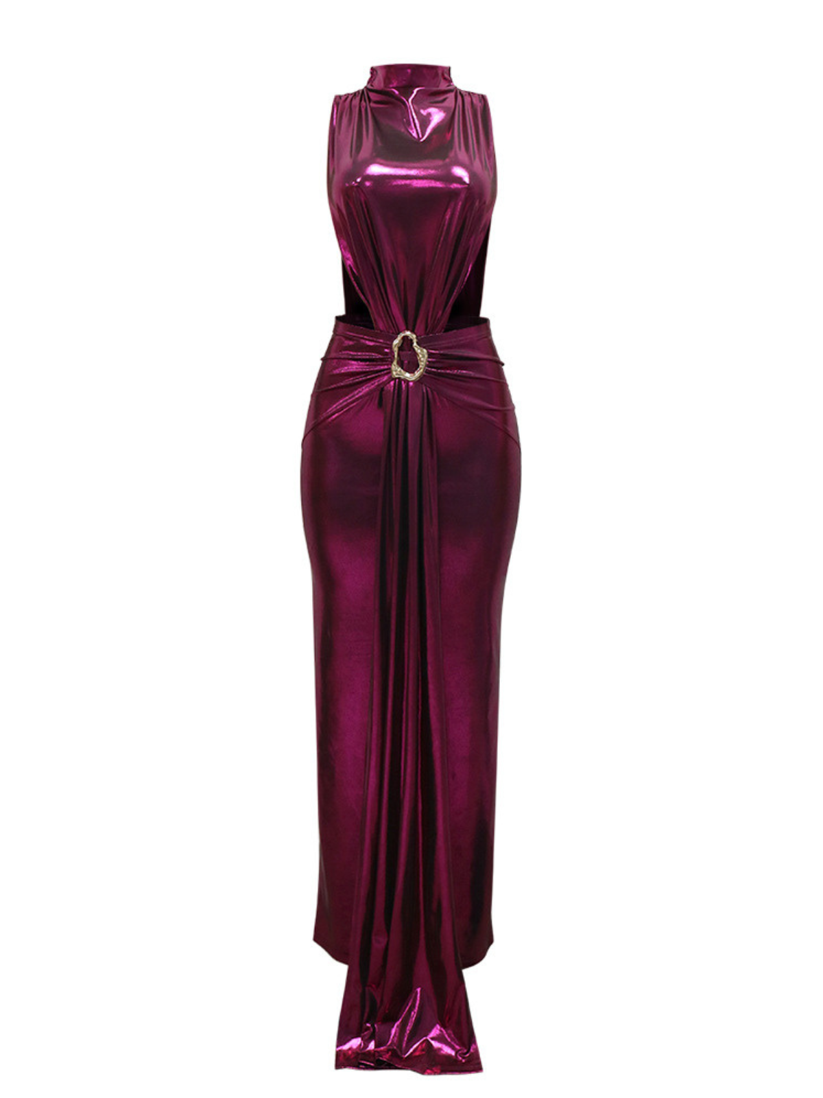 Mock Neck Sleeveless Side Cutout Jewel Buckle Ruched Metallic Maxi Dress 7