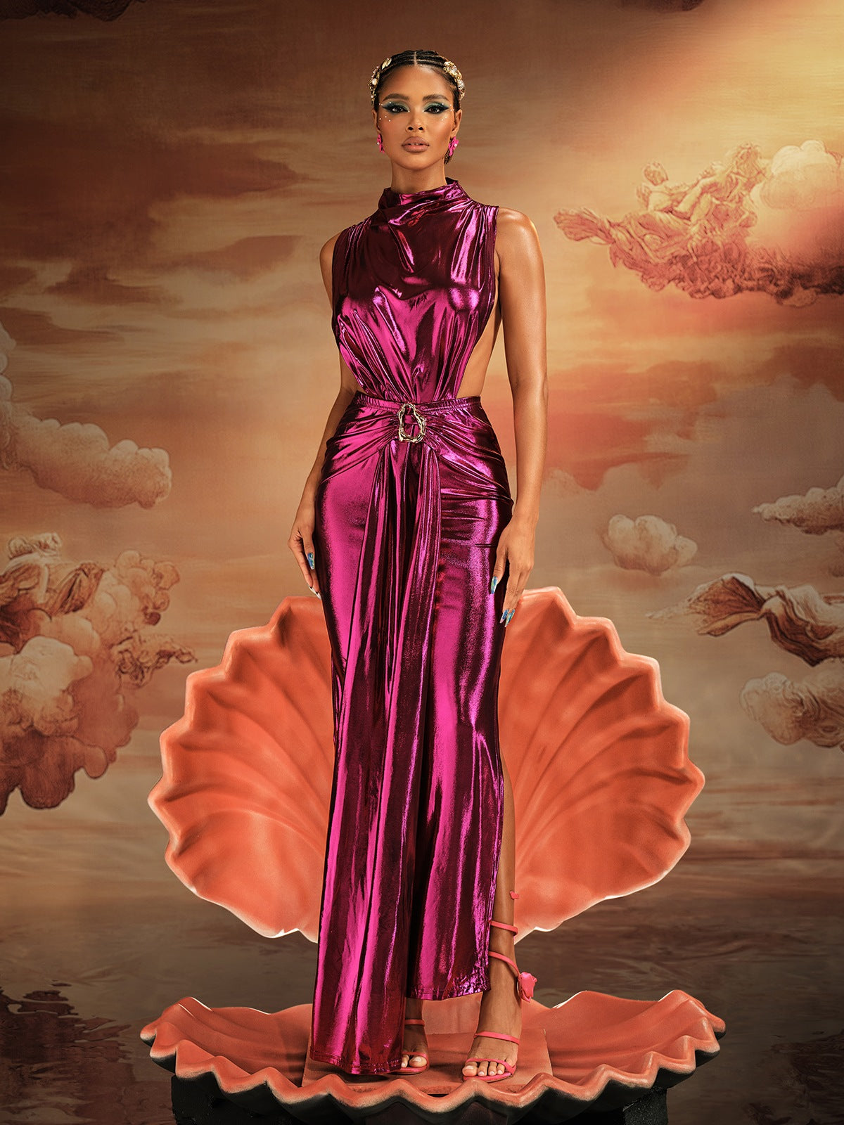 Mock Neck Sleeveless Side Cutout Jewel Buckle Ruched Metallic Maxi Dress 2