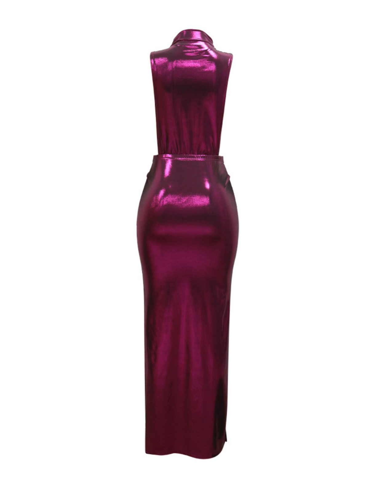 Mock Neck Sleeveless Side Cutout Jewel Buckle Ruched Metallic Maxi Dress 8