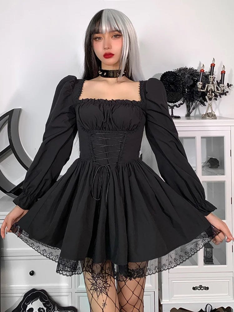 Square Neck Corset Lace-Up Puff Sleeve Pleated Lace Trim Gothic Mini Dress 2