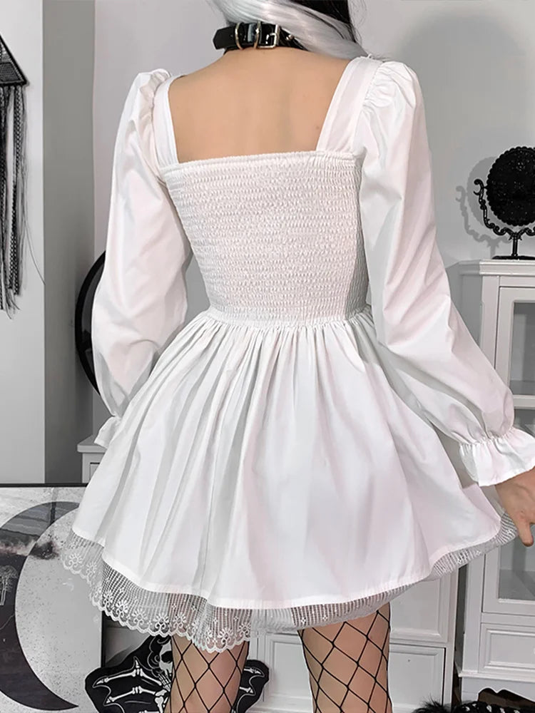 Square Neck Corset Lace-Up Puff Sleeve Pleated Lace Trim Gothic Mini Dress 6