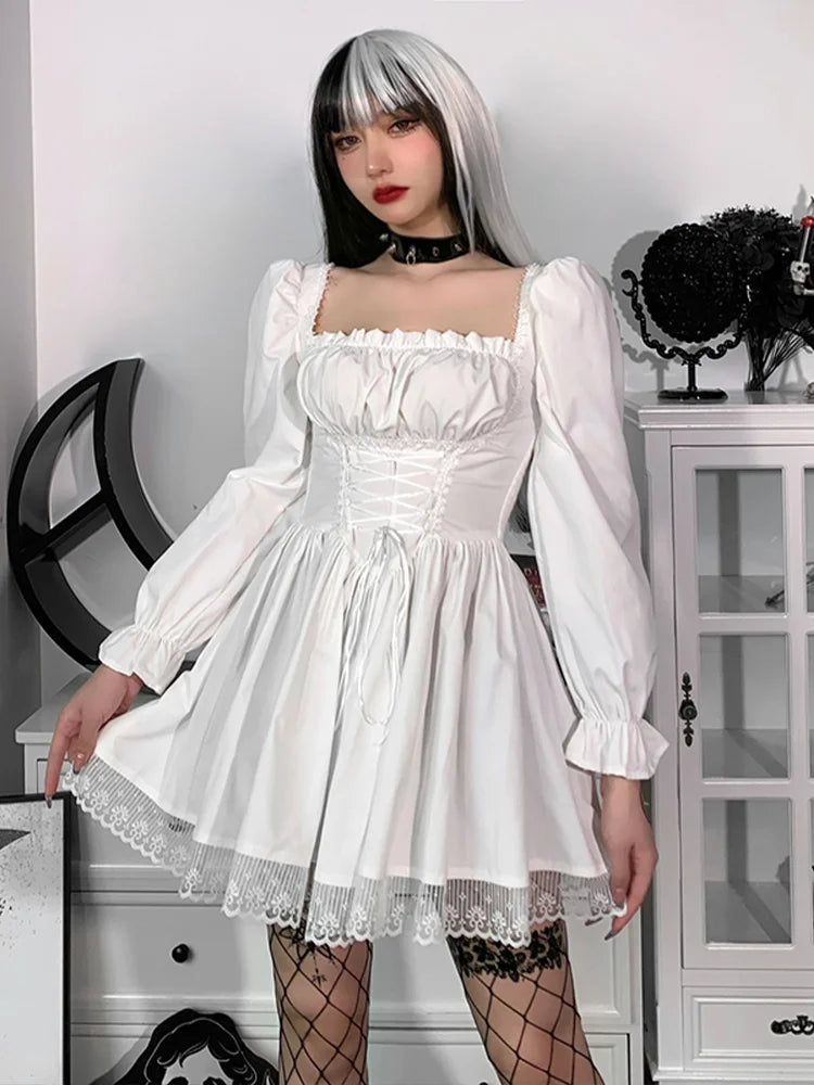 Square Neck Corset Lace-Up Puff Sleeve Pleated Lace Trim Gothic Mini Dress 5