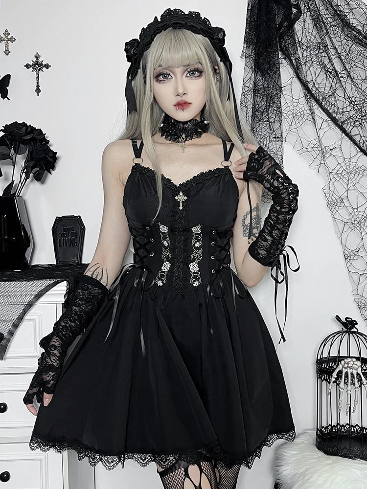 Lace-Up Corset Embroidery Pleated Lace Hem Puff Sleeve Mini Dress 8