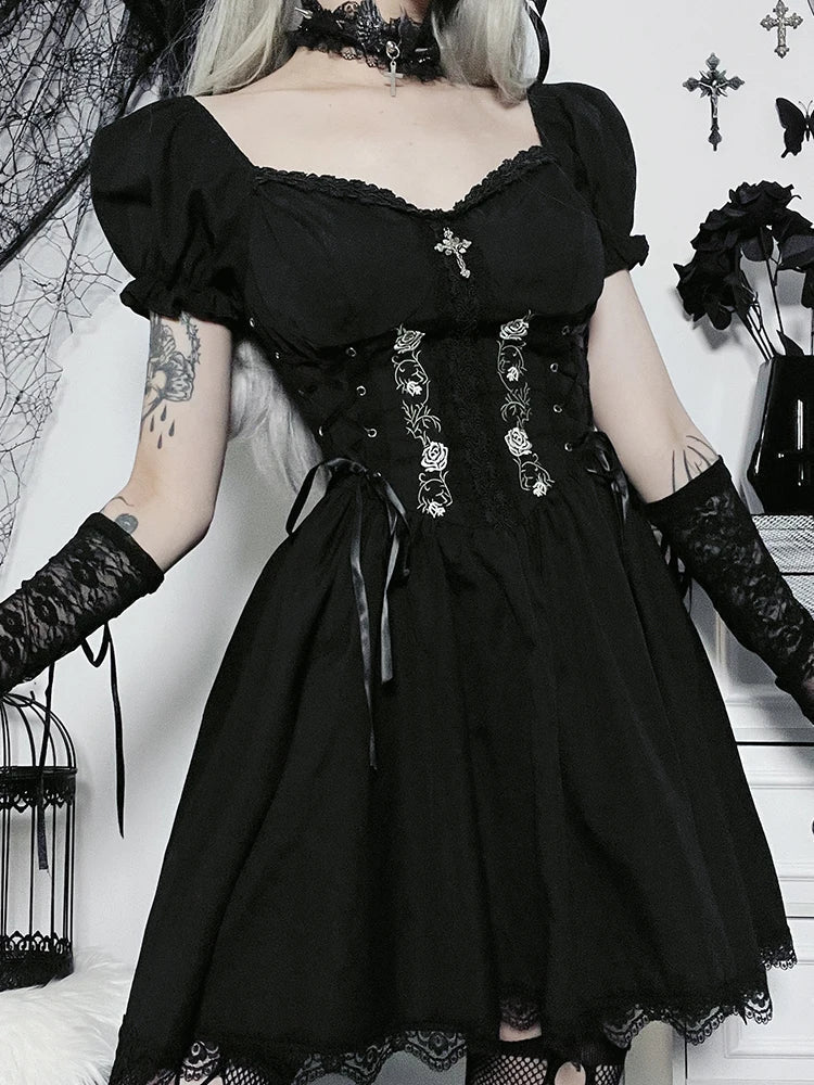 Lace-Up Corset Embroidery Pleated Lace Hem Puff Sleeve Mini Dress 6