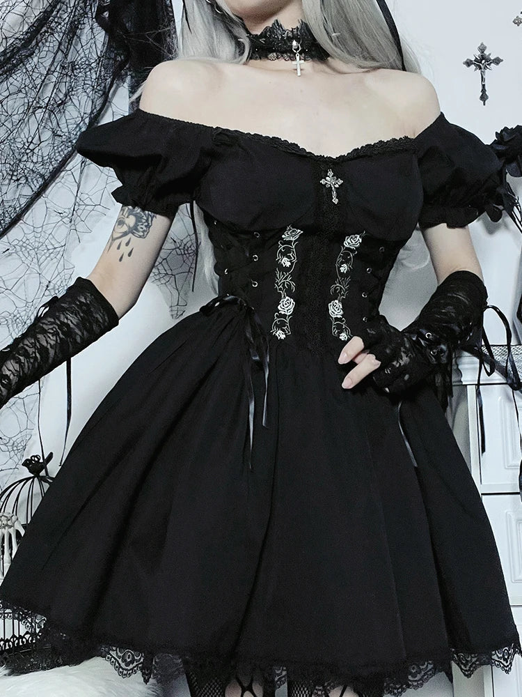 Lace-Up Corset Embroidery Pleated Lace Hem Puff Sleeve Mini Dress 3