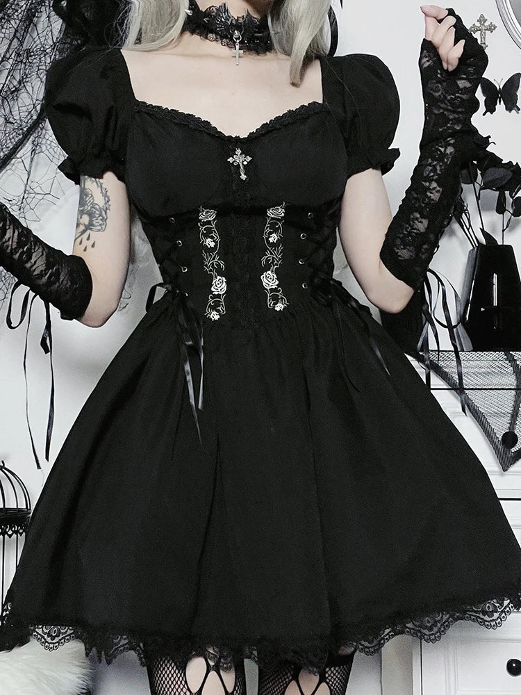 Lace-Up Corset Embroidery Pleated Lace Hem Puff Sleeve Mini Dress 4
