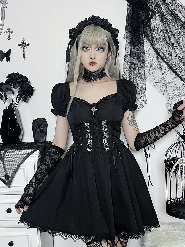 Lace-Up Corset Embroidery Pleated Lace Hem Puff Sleeve Mini Dress 7
