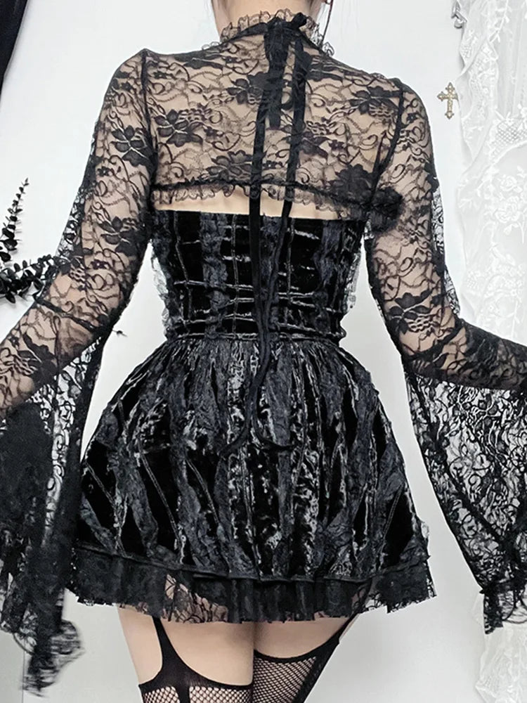 Velvet Halter Sweetheart Lace Up Corset Tiered Lace Trim Mini Dress 6