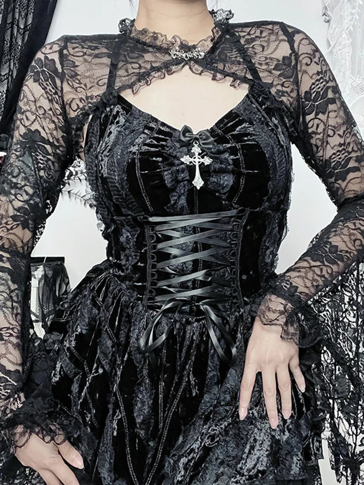 Velvet Halter Sweetheart Lace Up Corset Tiered Lace Trim Mini Dress 4