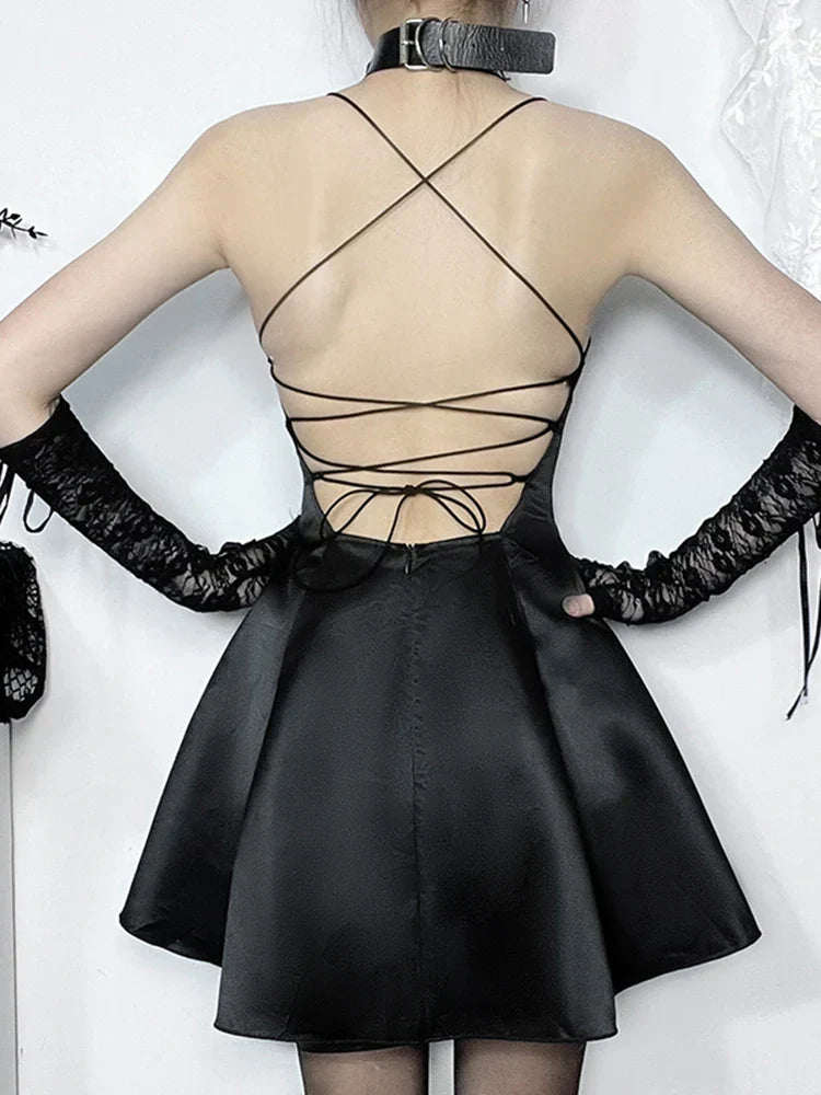 Satin Halter Neck Butterfly Mesh Cut Out Pleated A-Line Mini Dress 4
