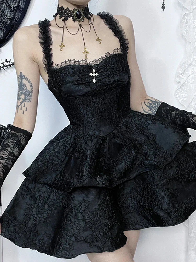 Jacquard Lace Corset Strap Tiered Ruffle Mini Dress 2