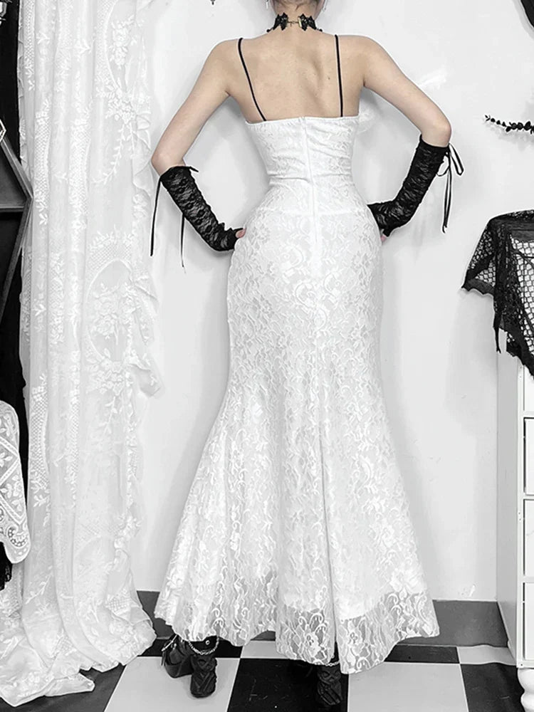 Floral Lace Spaghetti Strap Corset Lace-Up Gothic Maxi Dress 6