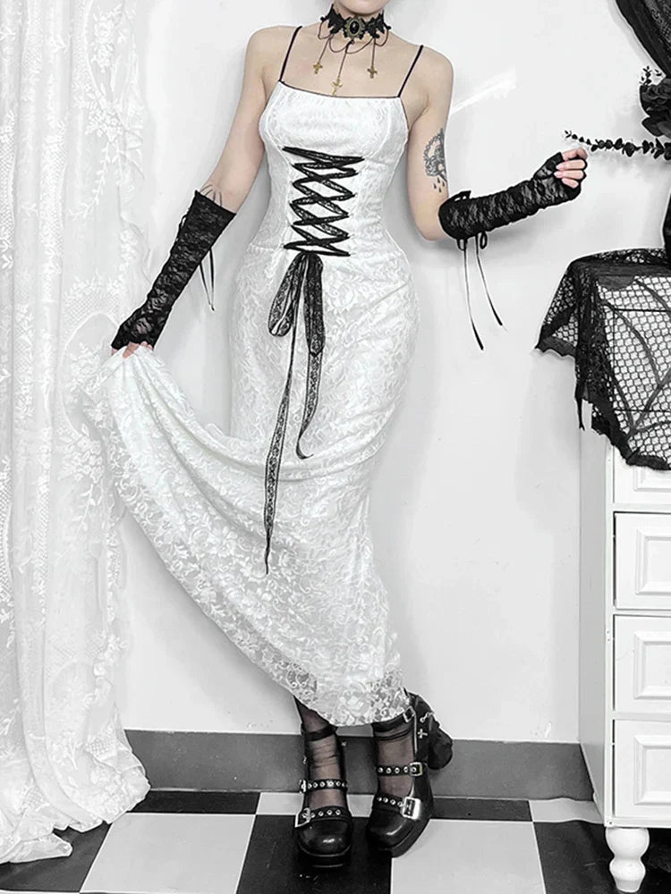 Floral Lace Spaghetti Strap Corset Lace-Up Gothic Maxi Dress 5