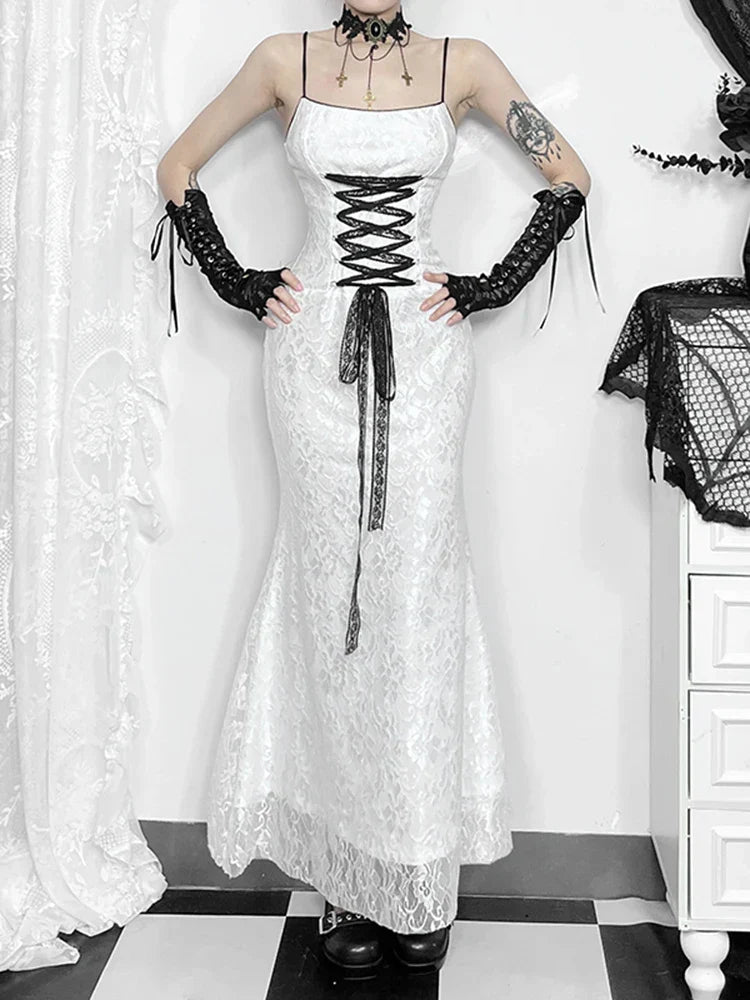 Floral Lace Spaghetti Strap Corset Lace-Up Gothic Maxi Dress 4
